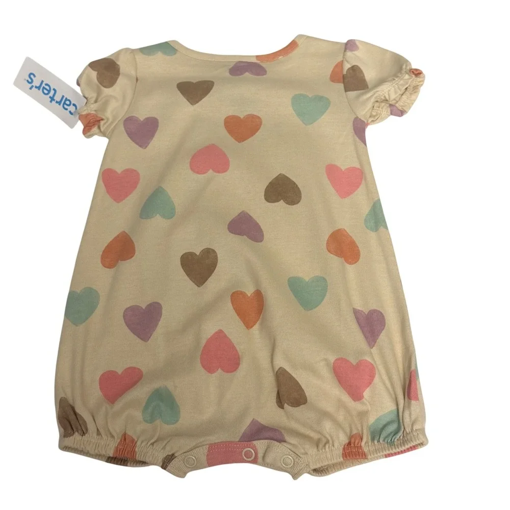 Carters‎ Baby Girl 9 Months Heart Print Romper Cream Pastel Snap Front Cotton